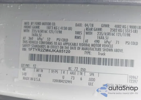 2018 Ford Transit-250 z USA, uszkodzony, nr VIN 1FTYR2ZM4JKA85120